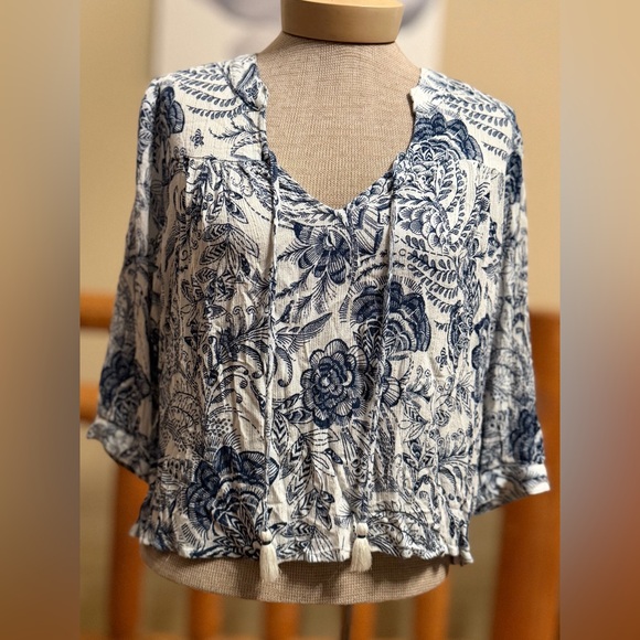 Lovestitch Blue & White Floral Tassel Blouse | Size S - Picture 2 of 6